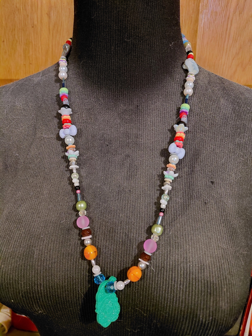 Handmade Multicolor Beaded Necklace with Green Pendant